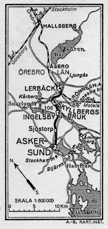 Karta från 1926 som visar Askersund–Skyllberg–Lerbäcks järnväg mot Hallsberg, Tisaren och Vättern