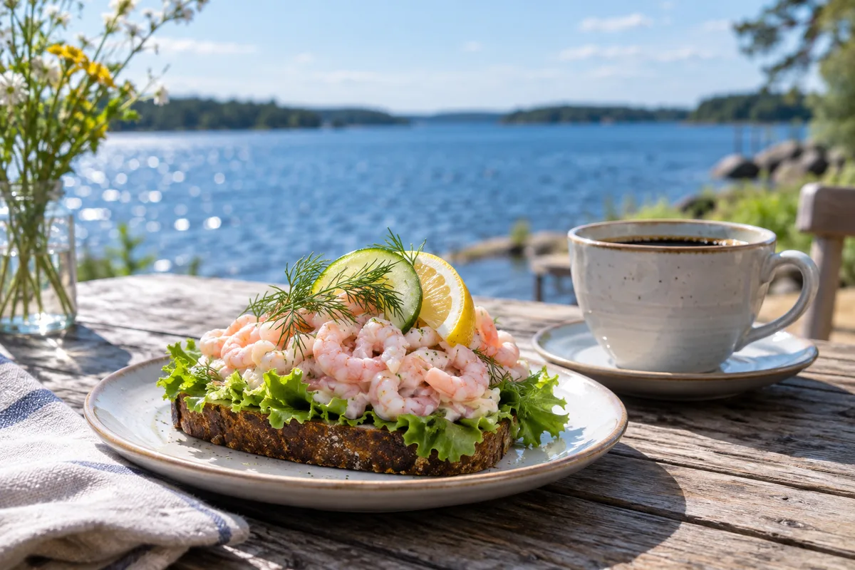 Räksmörgås och kaffe vid vattnet