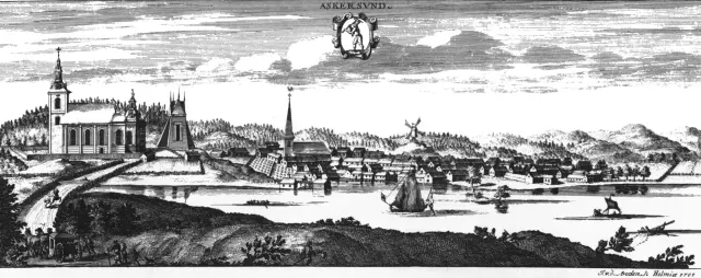 Kopparstick med Askersunds kyrkor, trähus och vatten före stadsbranden 1776